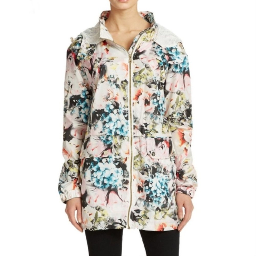 Sam Edelman Floral Hooded Windbreaker Rain Jacket with Mesh Lining NWT